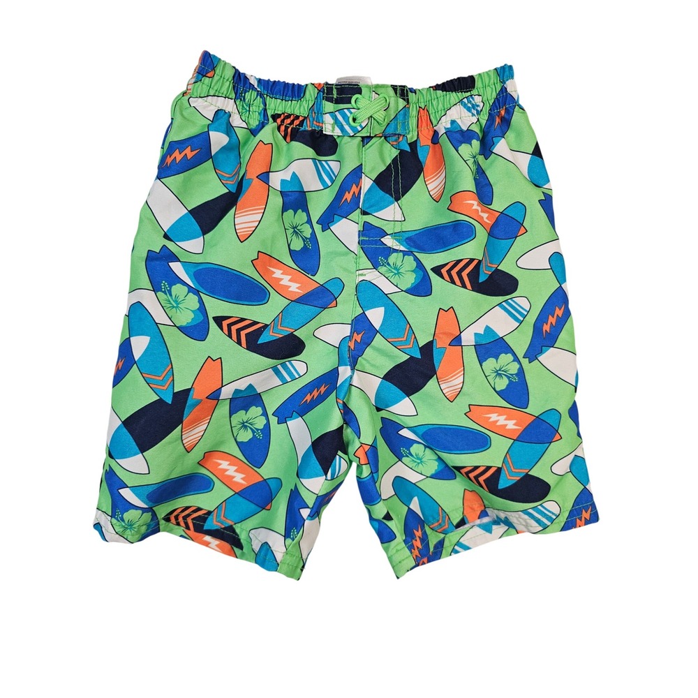 Healthtex Boys 4T Swim Trunks Glow Green Surfboard Print Mesh Lined HTB18700